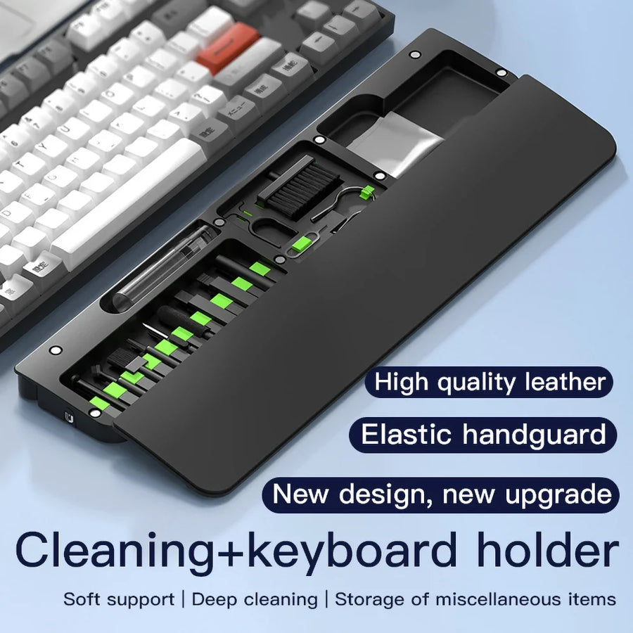 Keyboard wrist rest with a built-in electronics cleaning kit