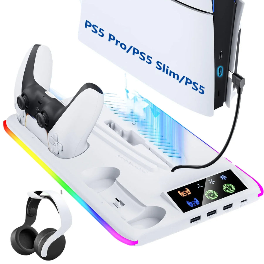 PS5 cooling stand with dual controller charging dock